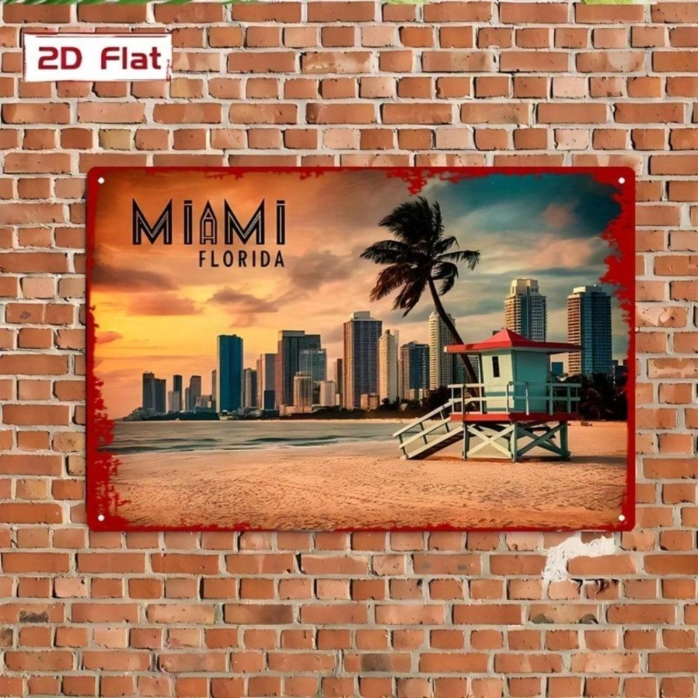 Vintage Miami Beach Florida Metal Wall Art 8x12 Retro Tin Sign South Beach Sunset Skyline Palm Trees Ocean View Home Decor