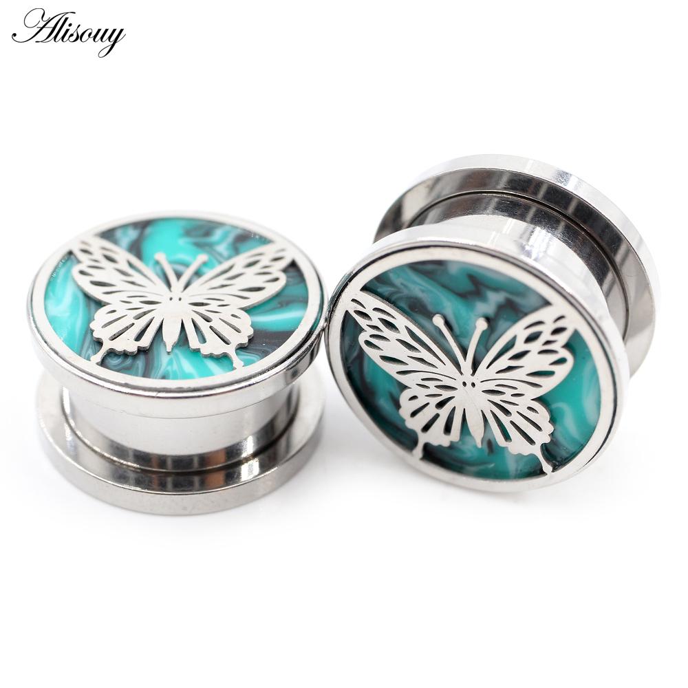 Alisouy 2 SZT. Stal Nierdzewna Motyl Zielony Kamień Tunele do Uszu Plugi Ekspander Rozpychacz Kolczyki Piercing Biżuteria do Ciała