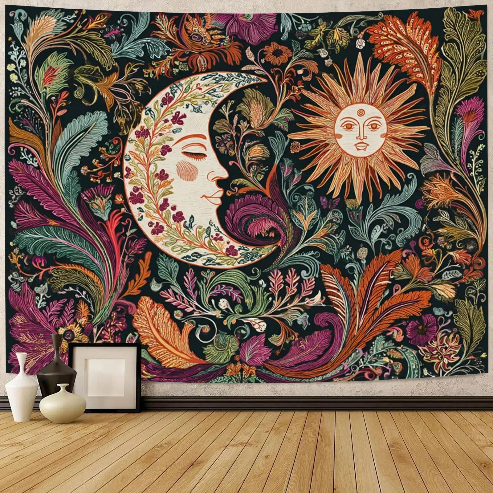 

VIKAMA Vintage Sun Moon Bohemian Tapestry Wall Hanging Home Decor Mural Machine Washable Easy Care Fabric Dorm Friendly 74x94cm(29x37in)