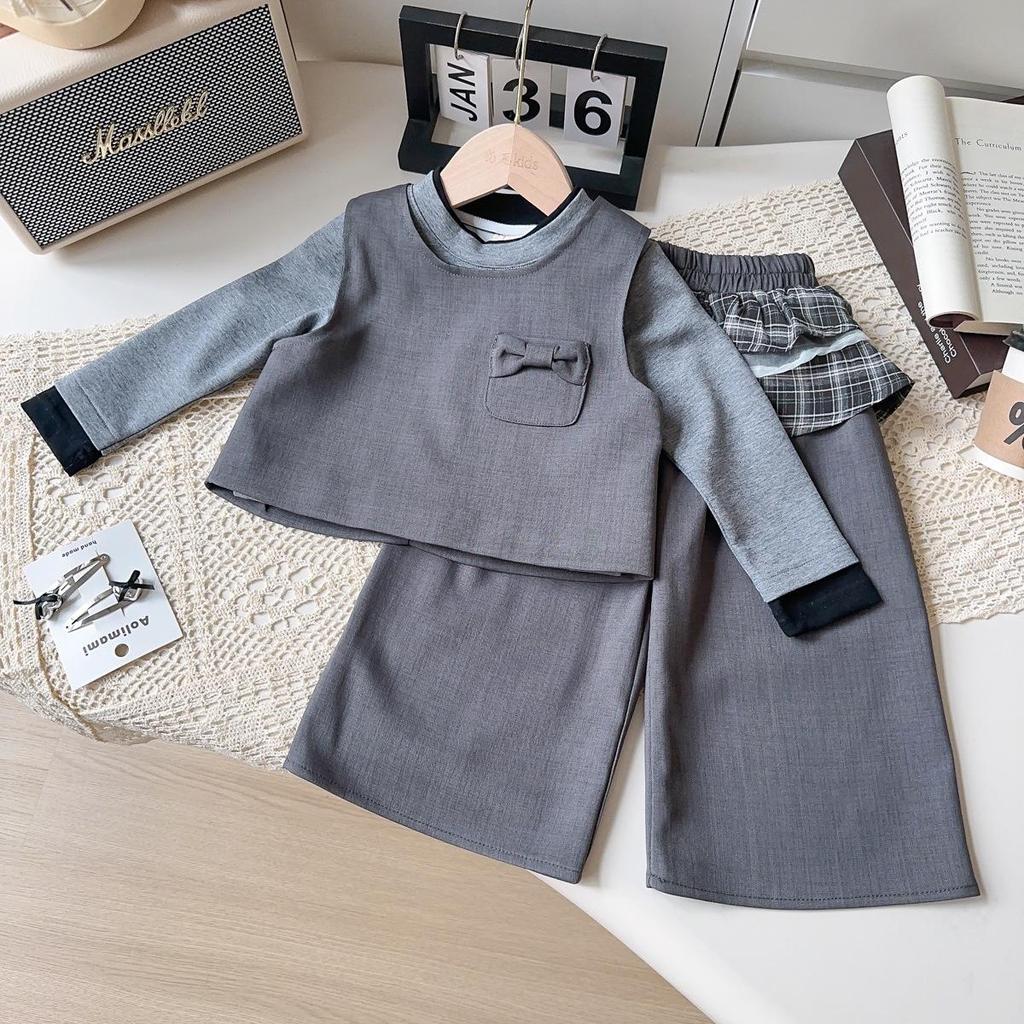 Girls' Korean Style Three-Piece Outfit: Fashionable Vest, Base Shirt & Long Pants for Autumn & Spring (AQB005)