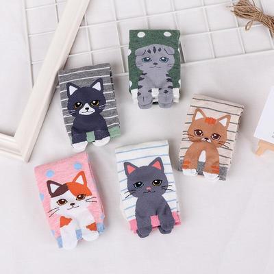 Cartoon Cat Print Women Cotton Mid-Calf Socks, Sweat-Absorbent Casual All-Season Socks