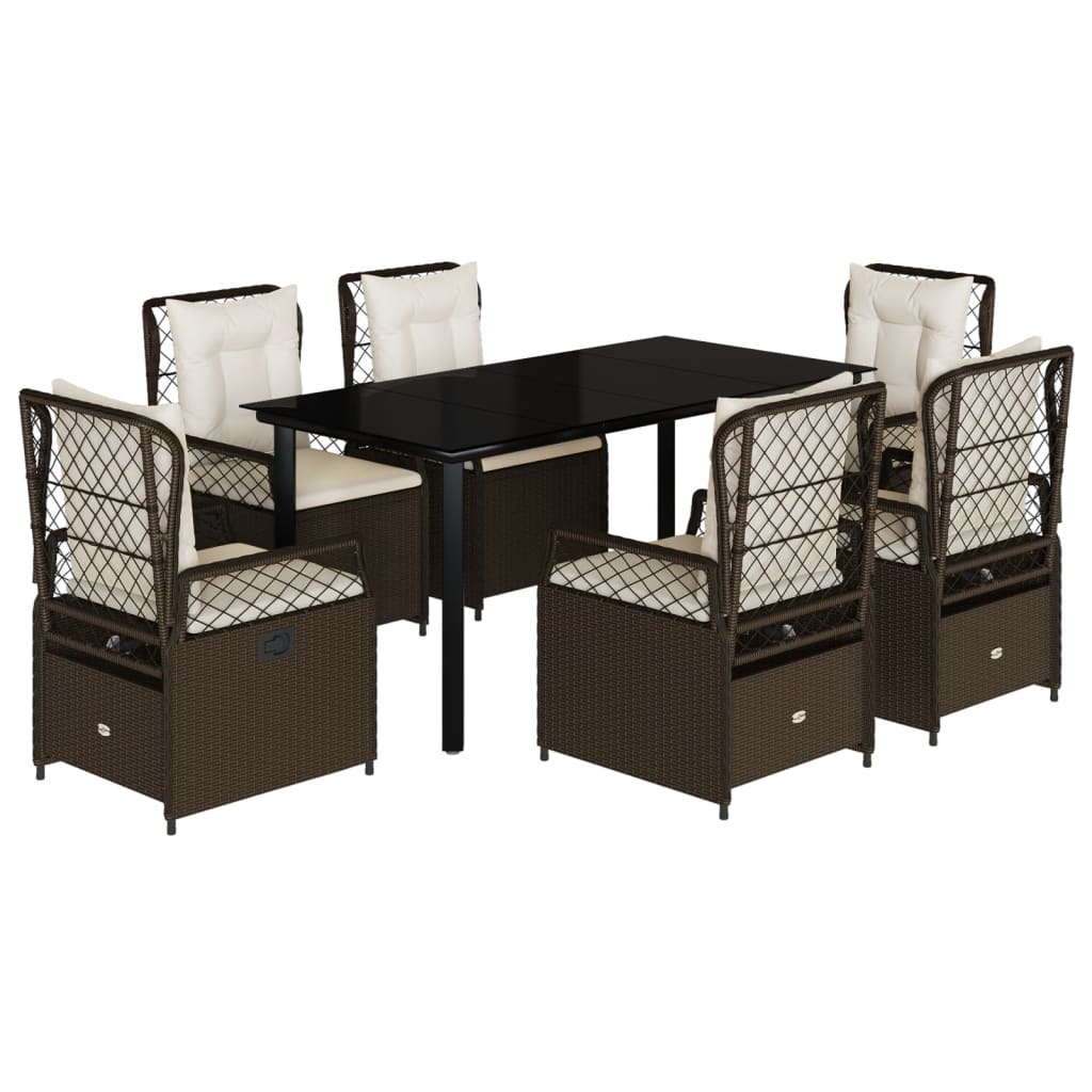 7 Piece Outdoor Dining Set with Cushions Brown Poly Rattan