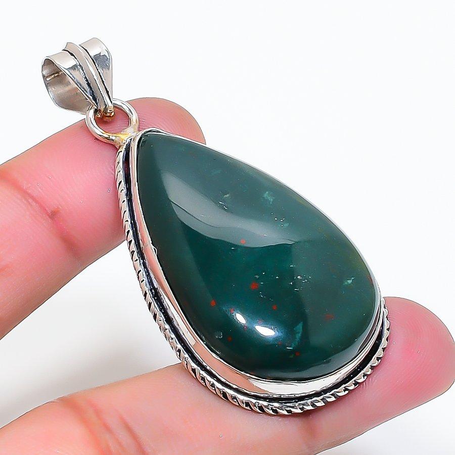 Natural Bloodstone Gemstone Handmade 925 Sterling Silver Pendant 2.17" AP-15165