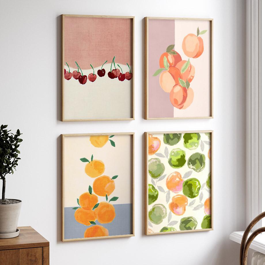 Watercolor Strawberry Cherry Lemon Orange Wall Art Painting Fruit Posters Vintage Room Bar Cafe Decor Home Decor Canvas Print