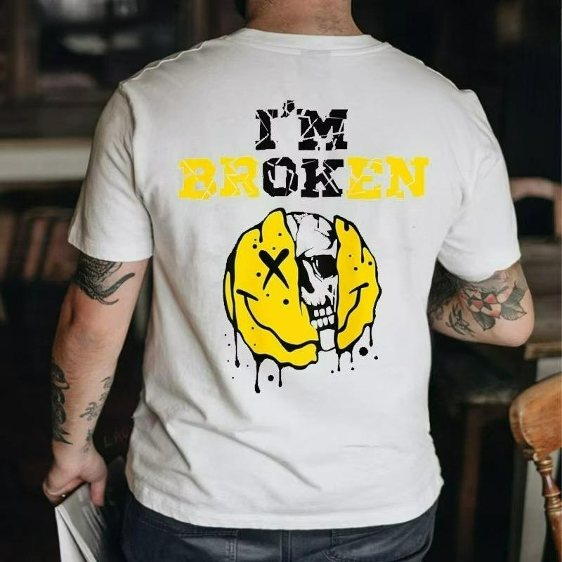 High Quality Vintage Im Broken Skull 2 Sides Invisible Disease I'm OK Broken Men's Alphabet Printed Cotton Unisex T-Shirt