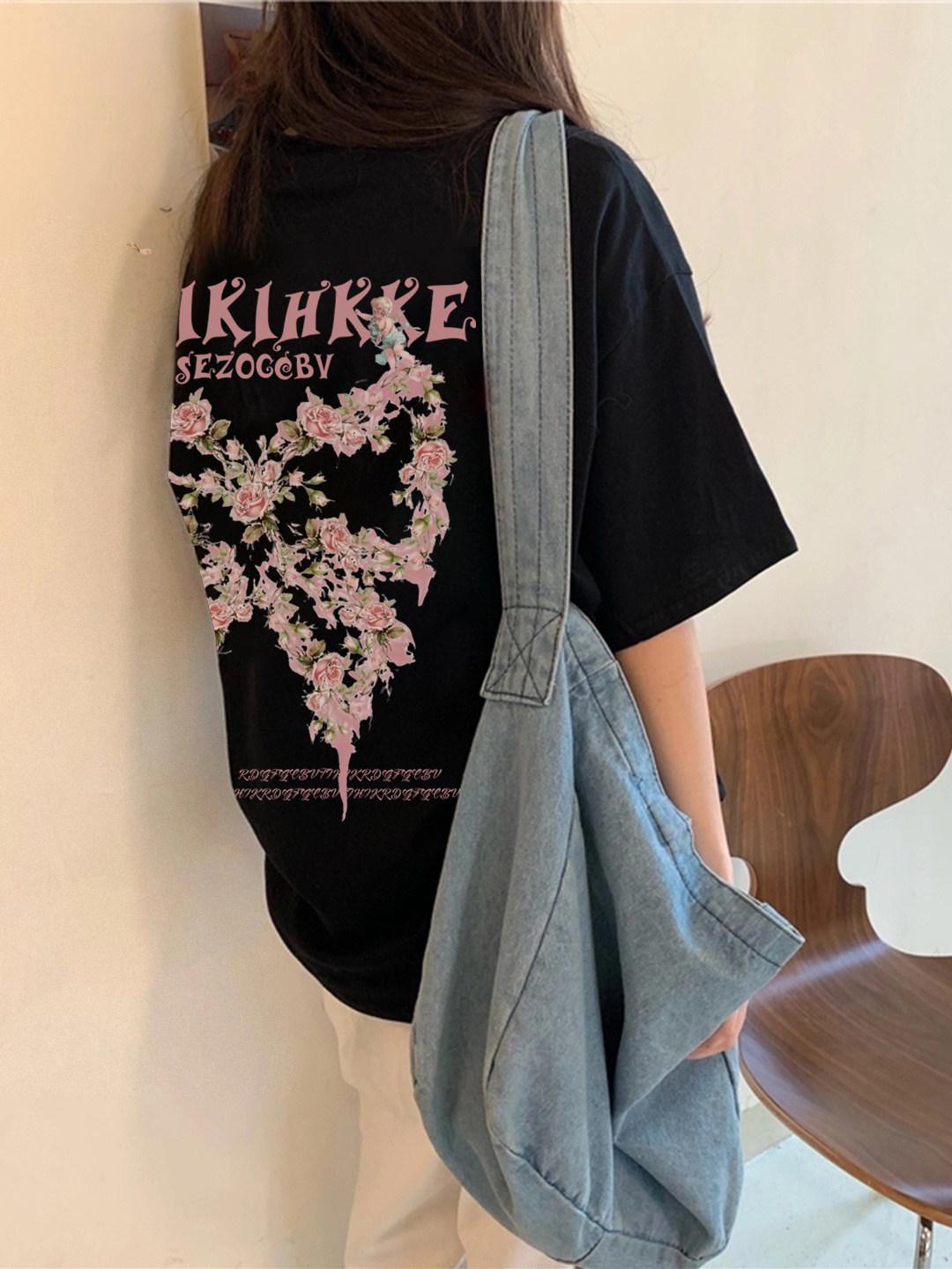 

Унисекс Хлопковая футболка в американском стиле High Street Chic, Летняя, Большого размера, Свободный крой для Мужчин, Женщин и Пар M чёрный