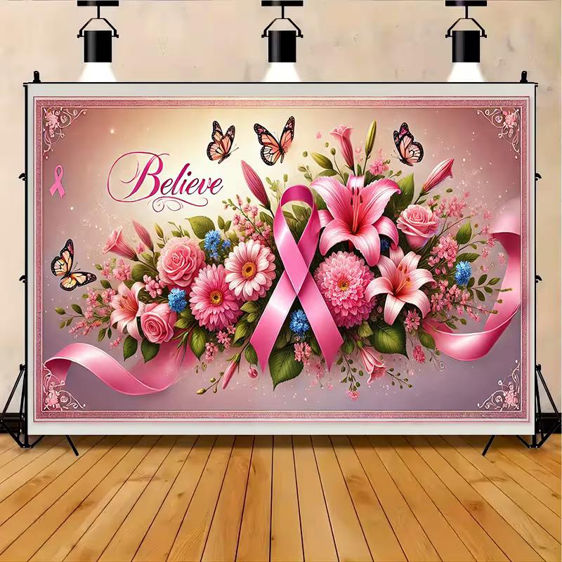 2D Inspirational Believe Pink Ribbon Floral Photography Backdrop Banner