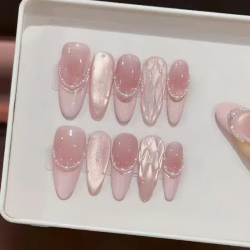 Z1428 Peach Milk Cover Cat Eye False Nails Long Almond Glue On Nails For Women Sweet European Style