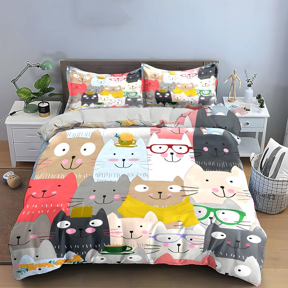 Colorful Cartoon Cats Print Bedding Duvet Cover Set (1*Duvet Cover 2*Pillowcases, without duvet insert)