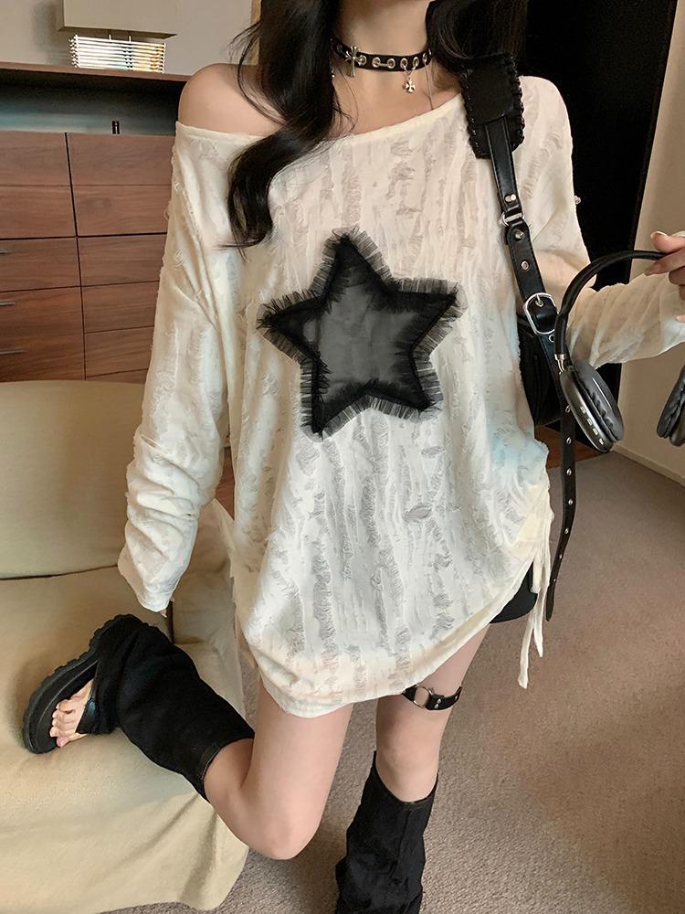 Women's Star Design Off-Shoulder Long-Sleeve T-Shirt - Spicy Girl Autumn Edition, Loose Fit with Drawstring Hem