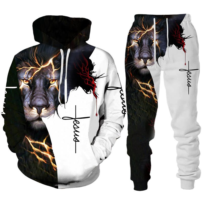Spring Autumn Fashion Casual Men's Hoodies Set 3D Animal Lion Cross Printing Sweatshirts Sweatpants 2 Piece Set Men Clothing Suit