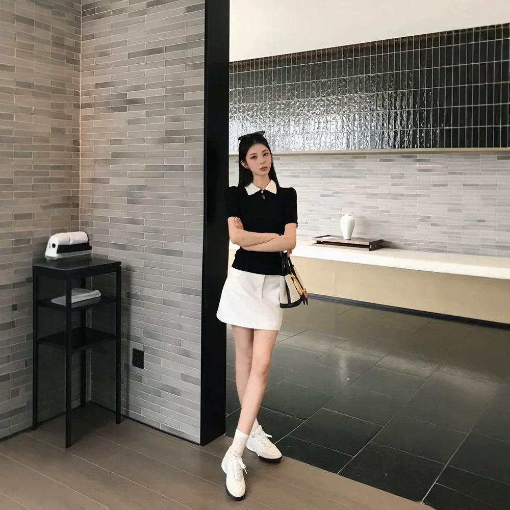 Korean contrasting color lapel neck front shoulder short-sleeved T-shirt women's summer fashion simple design slim-fitting versatile temperament top
