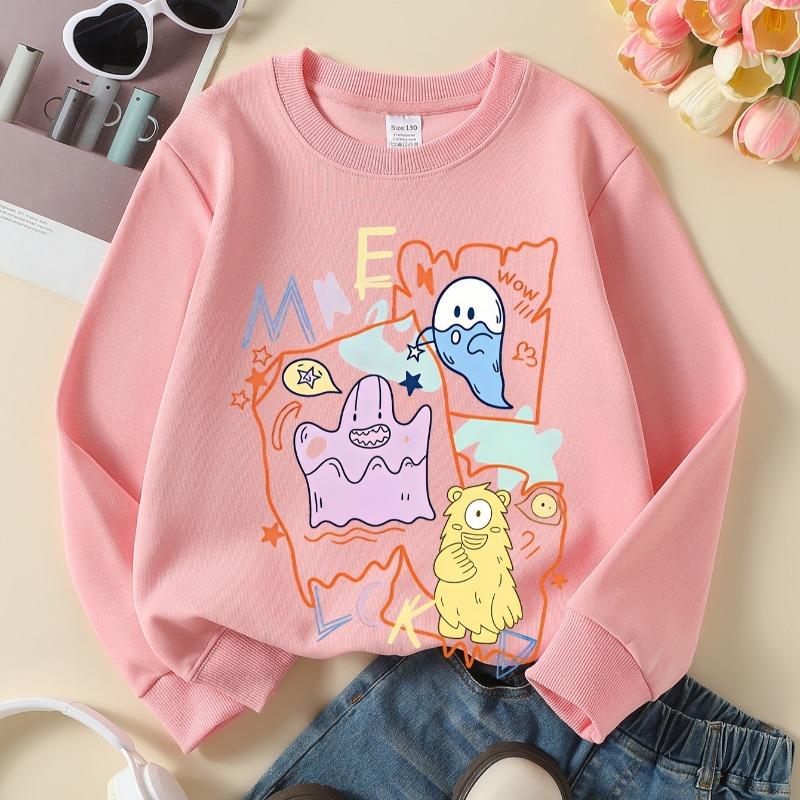 Kids Crewneck Sweatshirt, Cute Cartoon Ghost Monster Creative Print,Daily Casual Top for Spring & Autumn