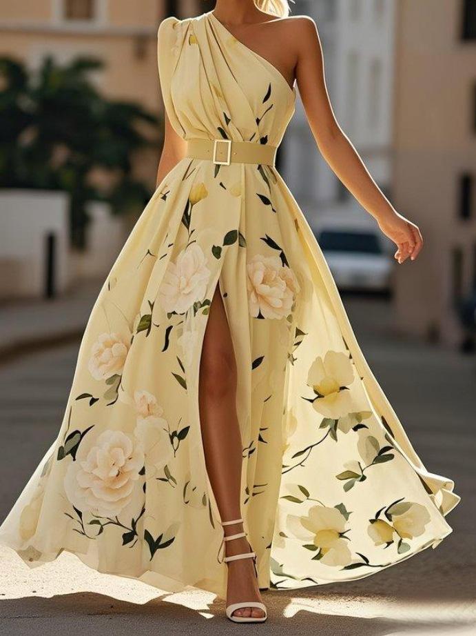 Women's One Shoulder Sleeveless Floral Print Maxi Dress Slim Fit High Waist Elegant Summer Party Dress With Belt