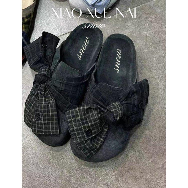 

Retro denim plaid bow baotou half slippers women s outer wear 2025 summer new one-pedal lazy sandals 35