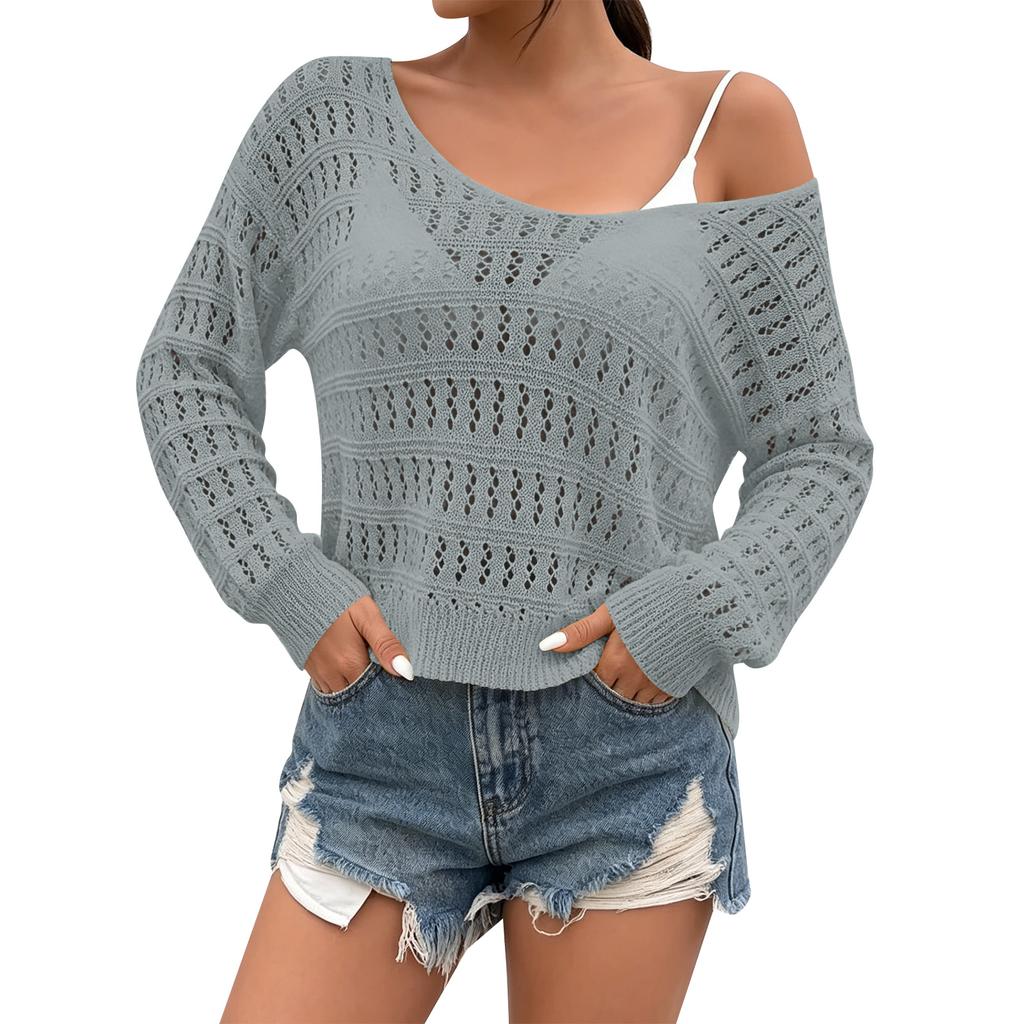Women’s Long Sleeve Crochet Knit Pullover Sweater Scoop Neck Lightweight Loose Fit Hollow Out Design Top