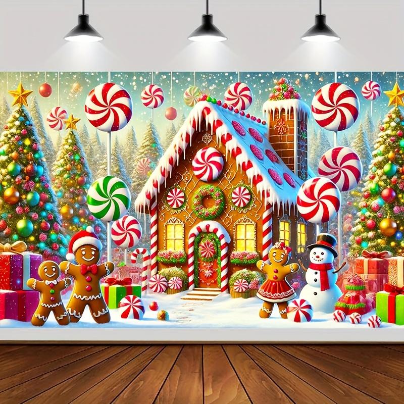 Christmas Gingerbread House and Snowman with Candy Background - Festival Party Decoration and Photography Background