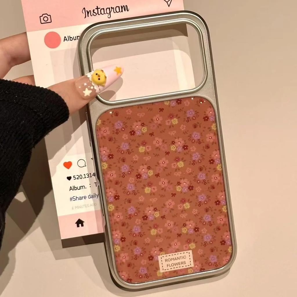 Retro style brown bottom small floral application Apple 16/17pro mobile phone case IP15 Epoxy water condensation 14 niche 13 sets