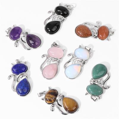 25x45mm Reiki Natural Stone Necklaces Pendant Cute Cat Shape Pink Quartz Tiger Eye Stone Pendants for Making Women Girl Necklace