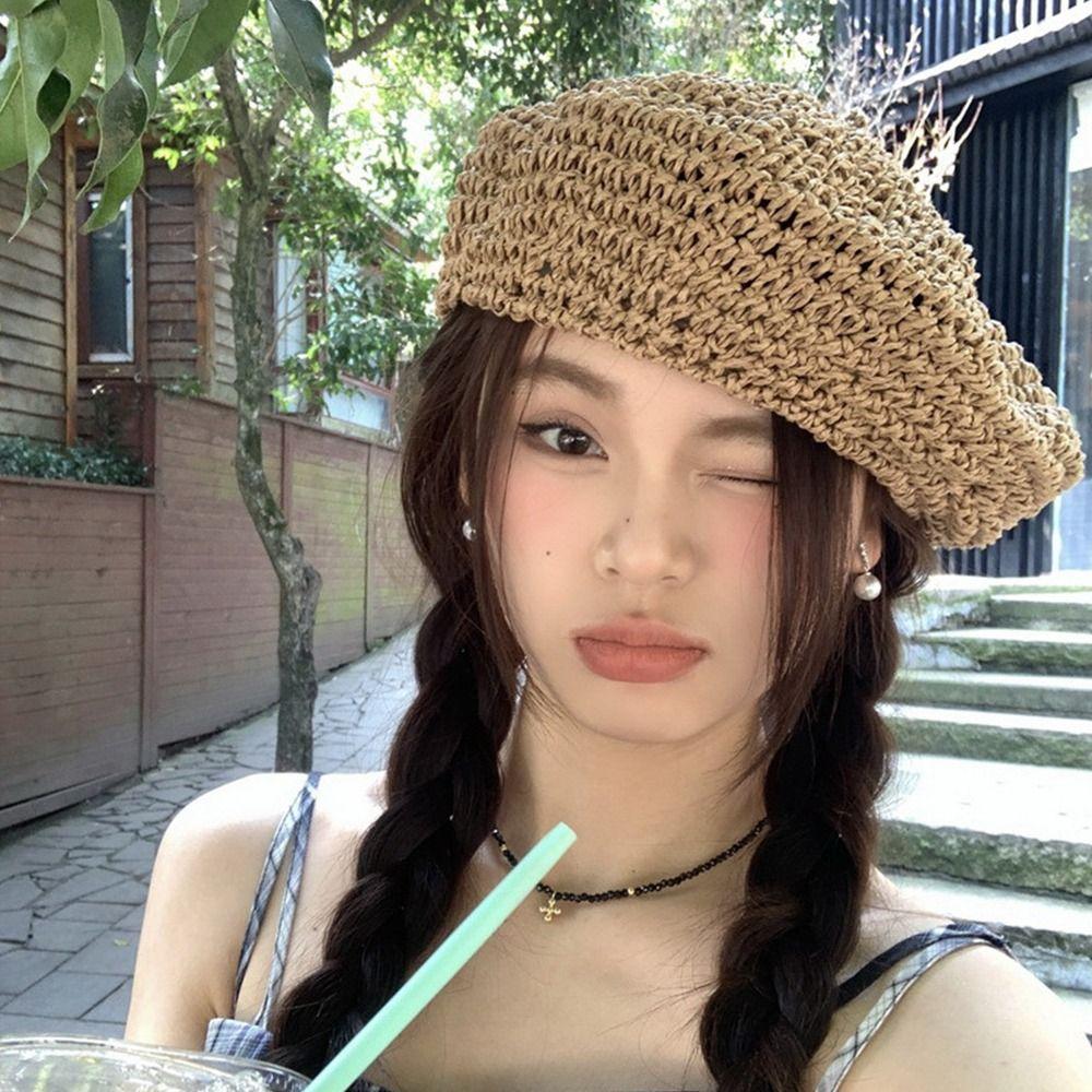 Crochet Weave Cap Summer Painter Hat French Straw Beret  Female