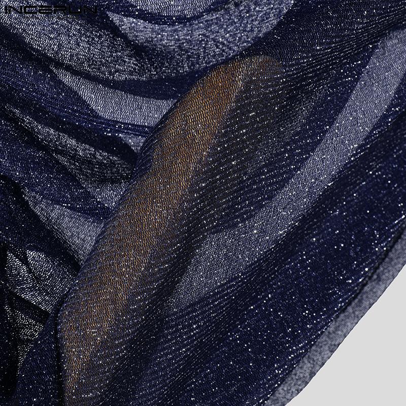 INCERUN Herren Swing Kragen Langarm Rüschen Schichten Glitter Mesh Party Clubwear Tops T-shirts