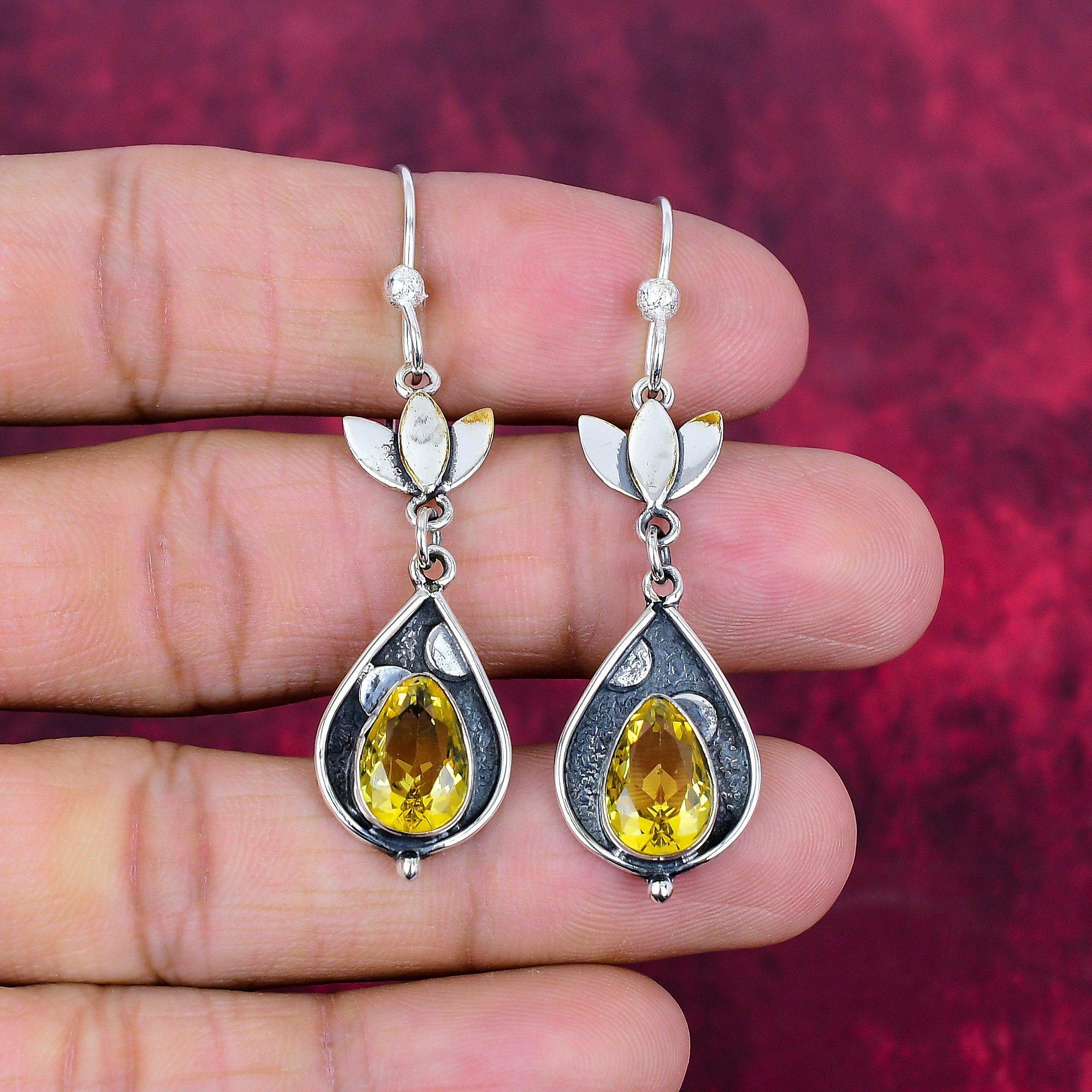 

Серьги с цитрином, ювелирные изделия из стерлингового серебра 925 пробы с драгоценными камнями, серьги ручной работы, на День Благодарения 2.36 Inches