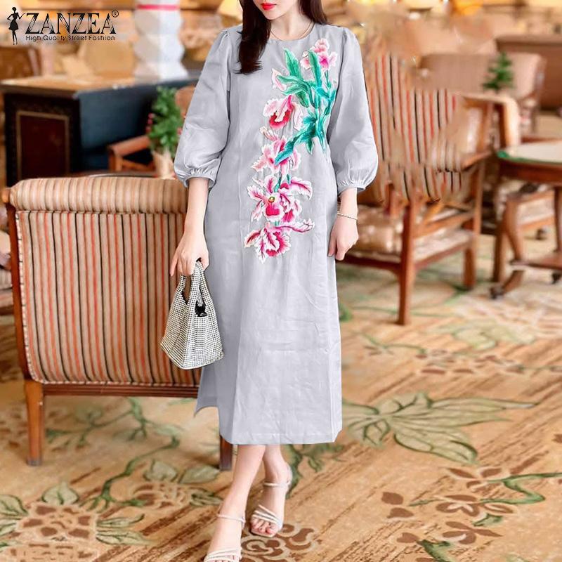 ZANZEA Kobiety Casualowa Sukienka z Okrągłym Dekoltem i Rękawami 3/4, Luźna, z Nadrukiem