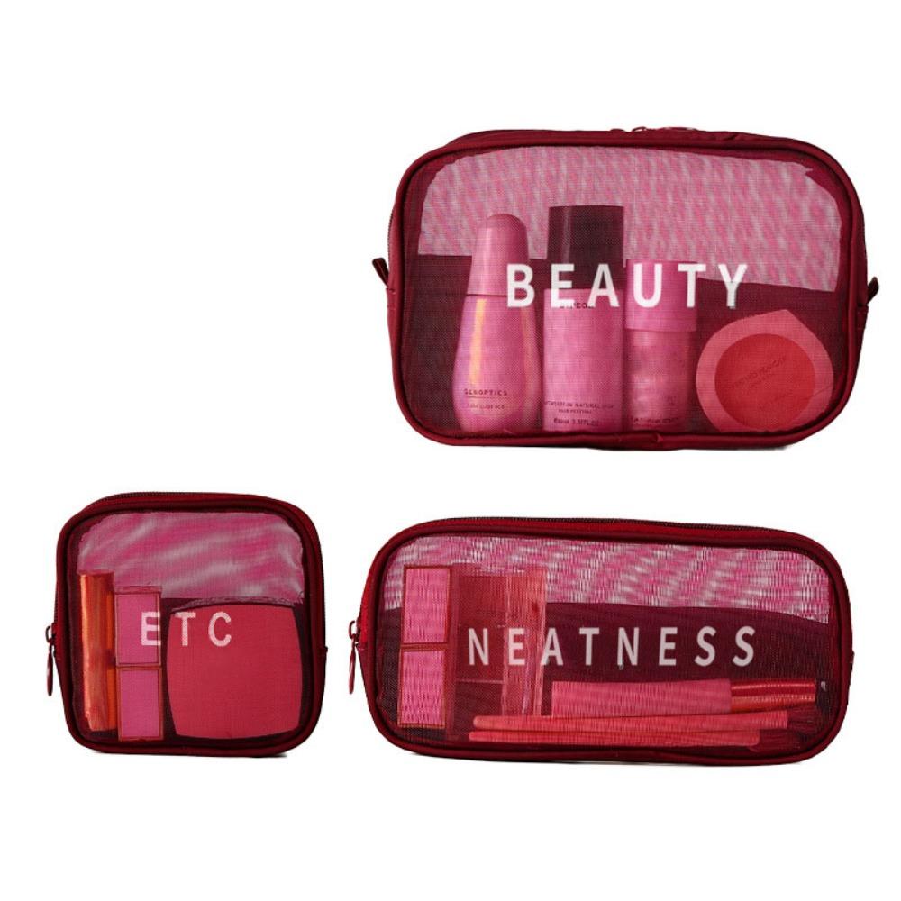 

3 шт. сетчатая косметичка на молнии, однотонная ручная косметичка, прозрачная косметичка, для девочек вино красного
