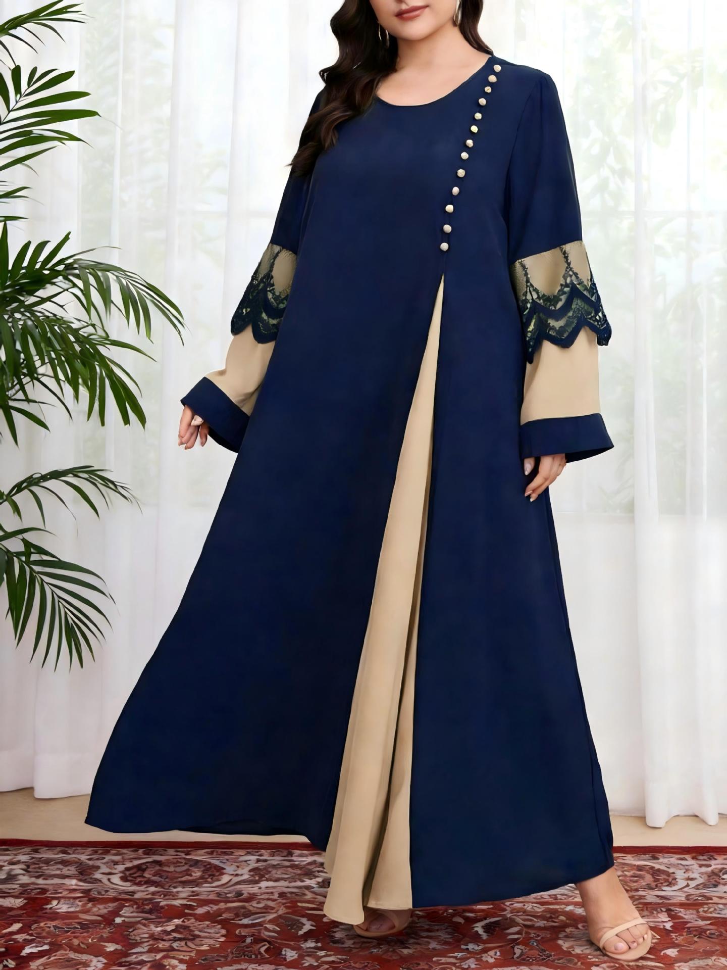 Navy Blue Patchwork Lace Plus Size Abaya Dress 0XL темно-синий