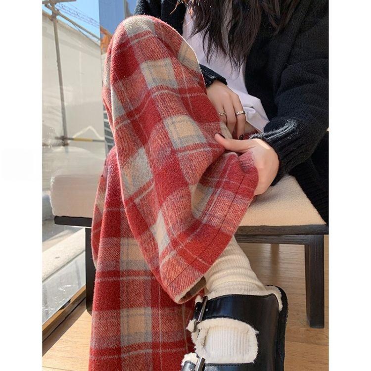 Coffee-colored Retro Checkered Casual Pants for Women In Autumn and Winter, Thickened and Fleece High-waisted Woolen Loose Floor-length Pants