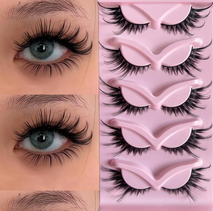 Europäischer und amerikanischer Stil 5 Paar Fuchsstil schräg fliegende künstliche Wimpern, natürlicher schwarzer Stiel Katzenaugen künstliche Wimpern