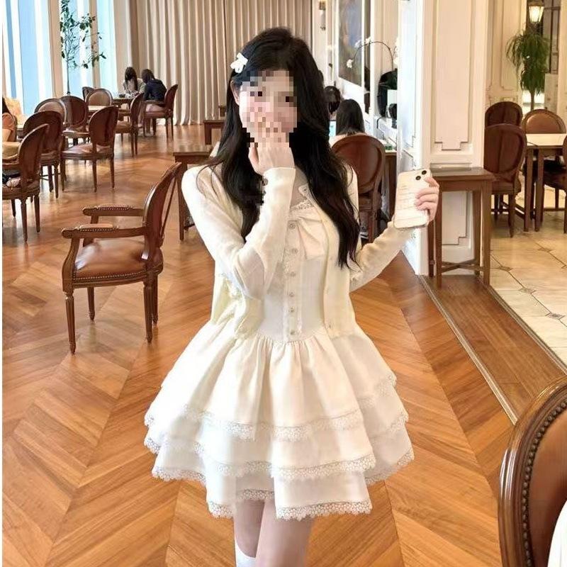 Small Sweet French Beige Cardigan Spring Summer White Fluffy Cake Dress Vest Skirt Two-piece Set