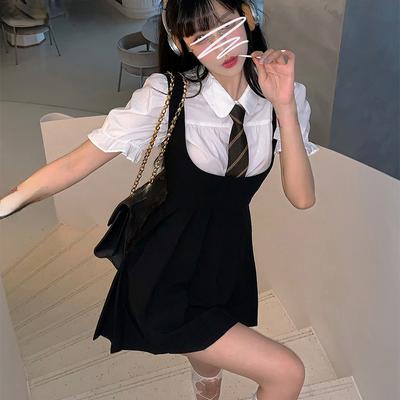 Damskie komplety sukienek styl Preppy Slim główna ulica dziewczyna słodka Ins koszule z bufiastymi rękawami sukienki plisowane Student Harajuku Ulzzang JK Hot