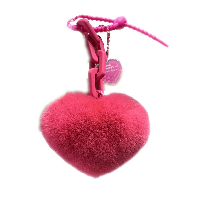 Nouveau Créatif Véritable Fourrure Lapin Rex Poils Rose Chaîne Cœur Porte-clés de Voiture Exquis Breloque Sac d'École Pendentif Couple Mignon Porte-clés rose pink