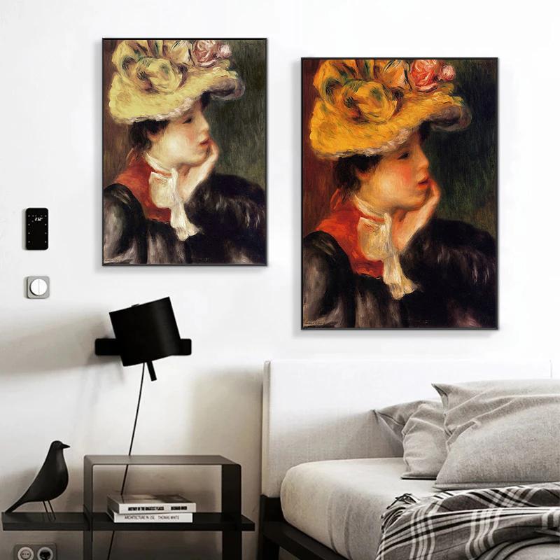 Riproduzione Ragazza con Cappello Dipinti su Tela Poster e Stampe Scandinavi Immagini Wall Art per Decorazione Parete Soggiorno Quadri