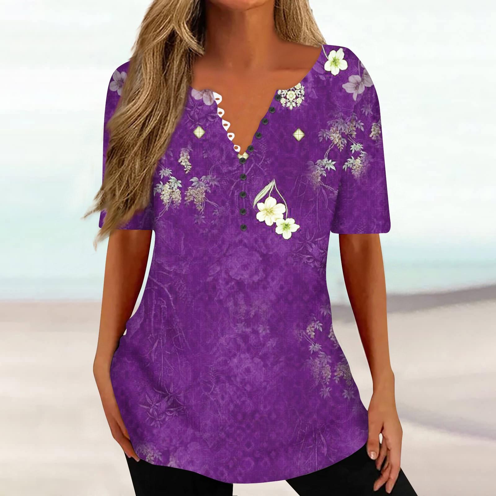 

Women s Shirt Blouse Button Vintage Gradient Print Short Sleeve Casual Basic Top Pullover XXL фіолетовий