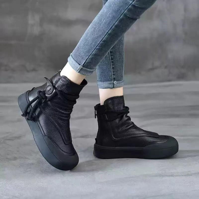 Fashion Women Handmade Retro Roman Ankle Boots Women Genuine Woman Back Zipper Comfort Trend Casual Short Booties High Top Walking Shoes
