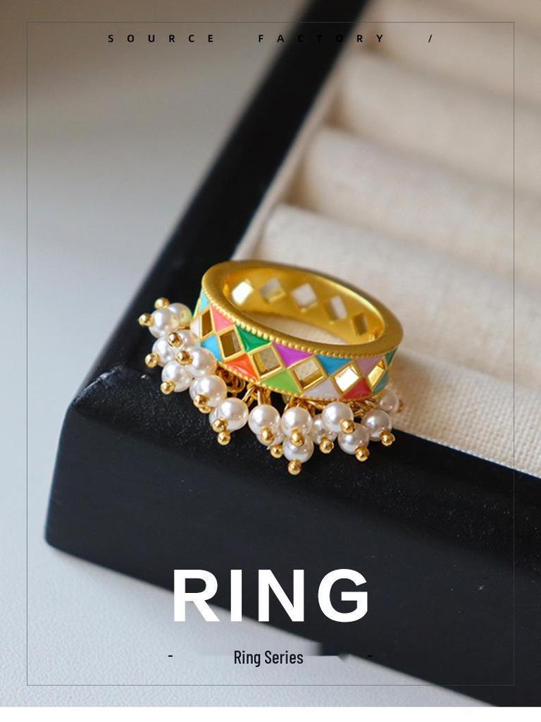 Original Retro Checkered Tassel Ring - Women's Light Luxury High-End Versatile Accessory