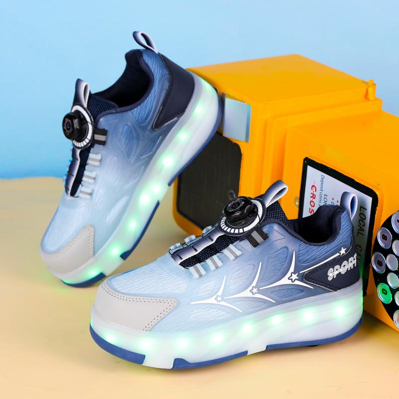 29-40 Lśniące Trampki Dziecięce Buty z Oświetleniem LED Dzieci Chłopcy Dziewczynki Ładowanie USB Świecące Kółka Buty do Parkouru Rolki