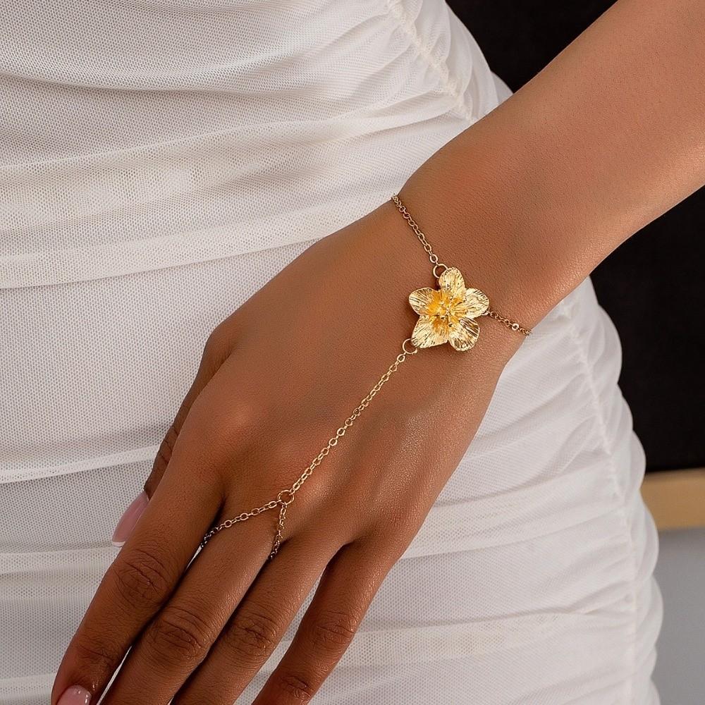 Trendiges Elegantes Blume Handkette Metalltextur Dünne Kette Fingerring Armband Zierlicher Handschmuck Damenschmuck Zubehör