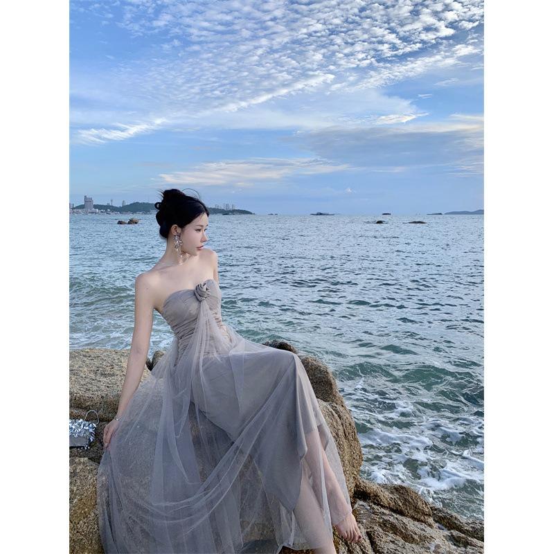 Clavicle One-word Shoulder Super Fairy Mesh Tube Top Dress Slim and Thin Sexy Hot Girl Off-the-shoulder Female Summer Long