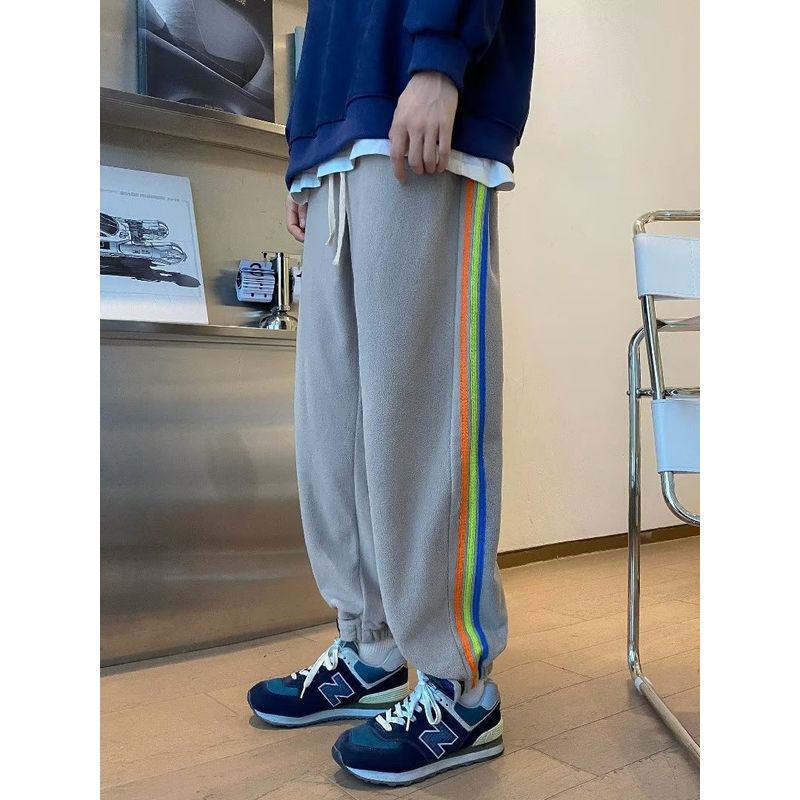 Rainbow-Striped Side Sweatpants Spring and Autumn Side Rainbow Bar Elastic Waist Patchwork Sweatpants