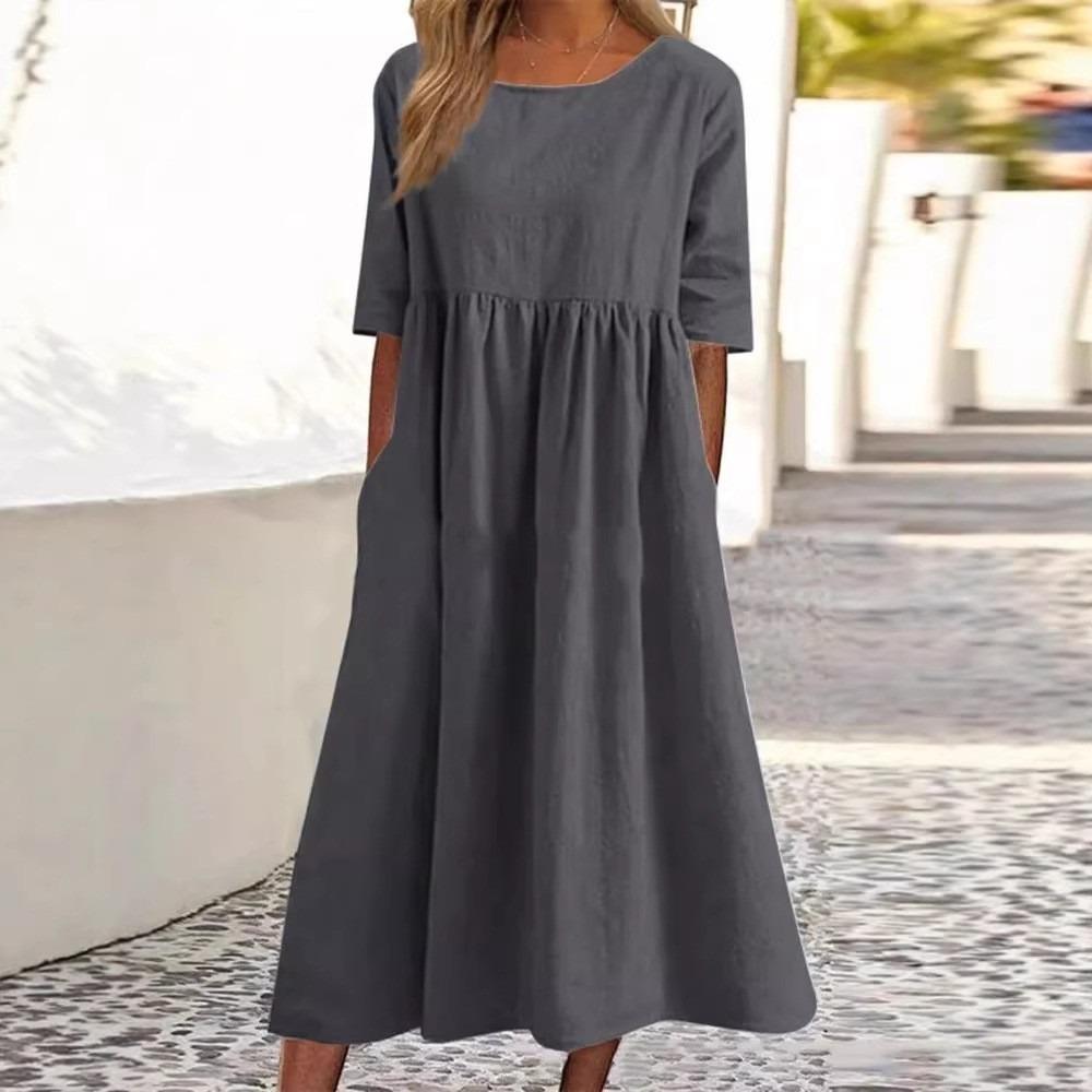 Summer Cotton and Linen Casual Short-sleeved Pleated Loose Round-neck Women's Dress