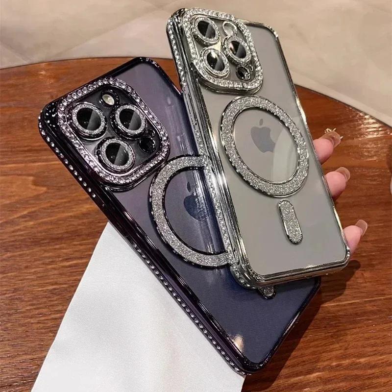Nové módní třpytivé diamantové průhledné pouzdro pro iPhone 16 15 14 Plus 13 12 11 Pro Max magnetický kryt zad pro bezdrátové nabíjení