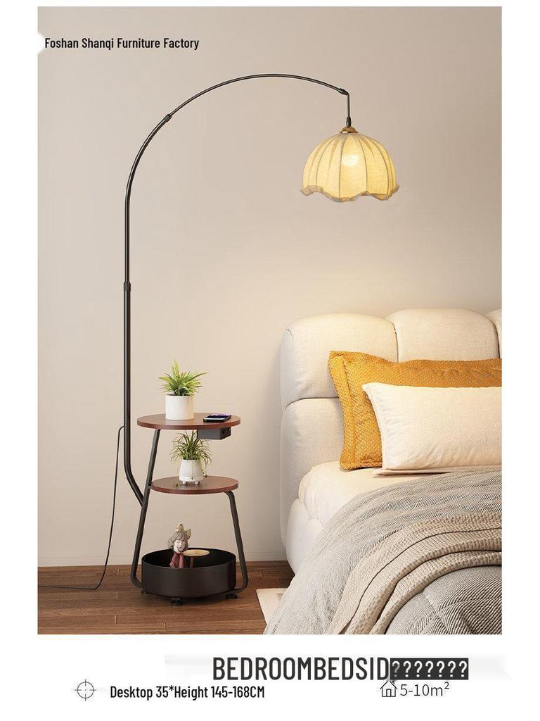 Antique-Style Floor Lamp with Integrated Coffee Table and Storage Rack