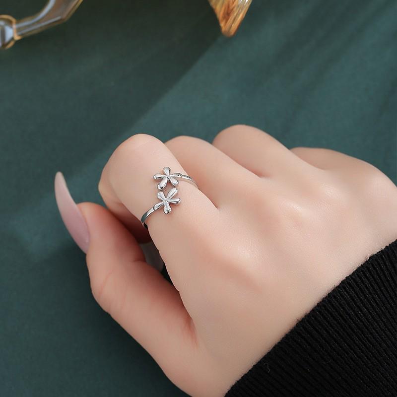 Glossy Brushed Floral Open Ring for Women - Adjustable, Minimalist Japanese Korean Style