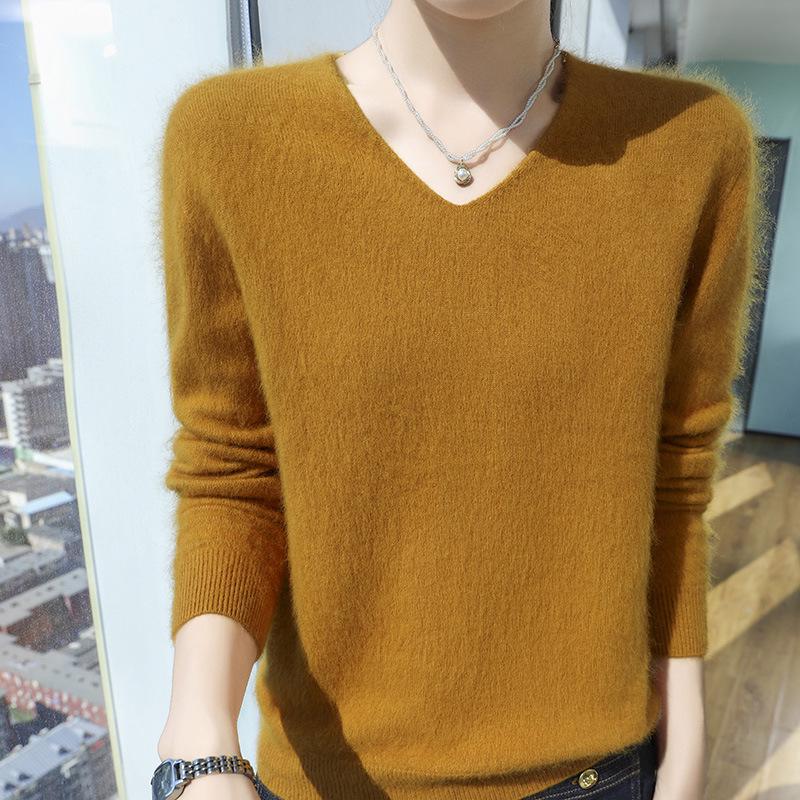 New Seamless Mink Velvet V-Neck Cashmere Sweater for Women - Loose Fit, Solid Color, Short Pullover Knitwear for Autumn and Winter