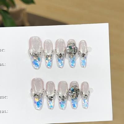 1PC Rhinestone and Glitter Press-on Nails, Pink and Silver Cat-eye Nail Tips, Handmade Wearable Nail Sets.