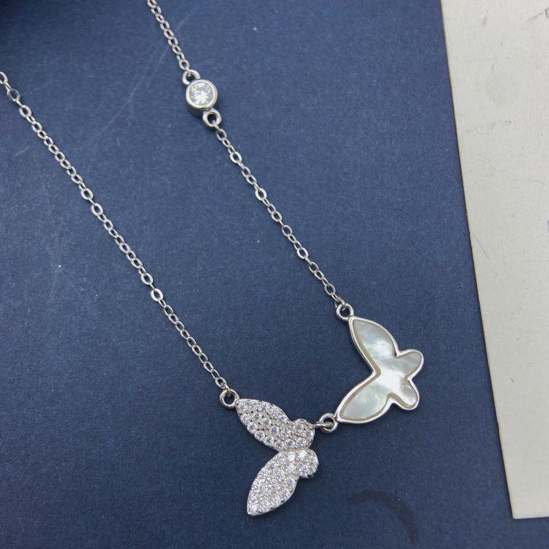 S925 Sterling Silver Double Butterfly Shell Zircon Necklace - Elegant Minimalist Pendant for Women 925 Sterling Silver