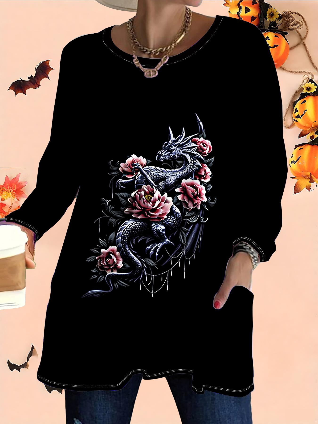 

2025 Осень Зима Новые Женские Топы Большого Размера, Модные Футболки с 3D-принтом на Хэллоуин с Круглым Вырезом и Длинным Рукавом 1XL синий